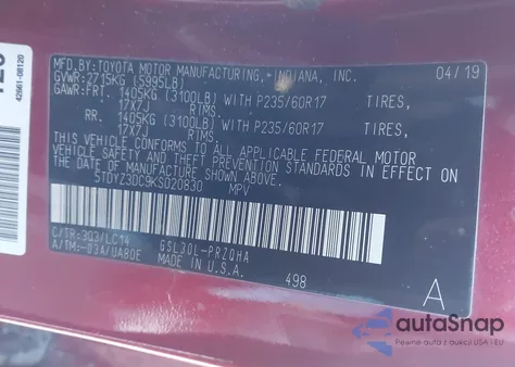 2019 Toyota Sienna Xle 8 Passenger from USA, damaged, VIN 5TDYZ3DC9KS020830